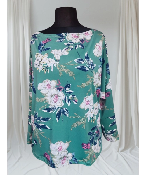 Zielona bluzka z rękawem 3/4 kimono - wzór białe kwiaty